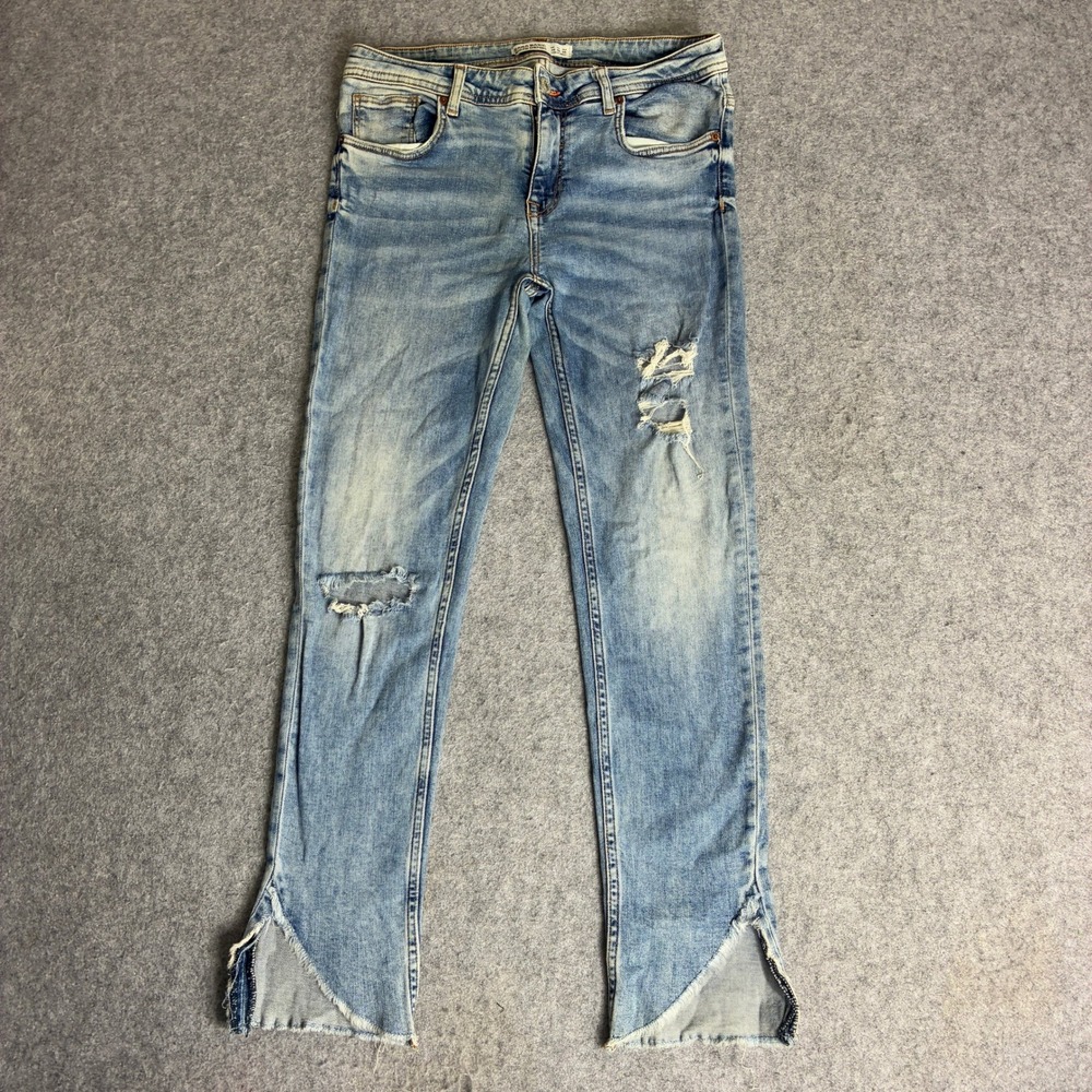 Zara Basic 30x26 Size 4 Distressed Slim Fit Jeans Light Wash Blue Split Tulip